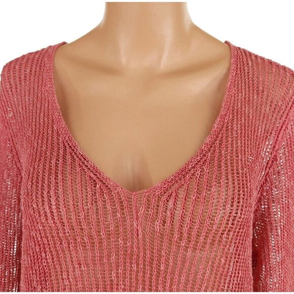 Eileen Fisher Airy Linen Grain Rib V Neck Sweater Size L Coral Tunic Top - Picture 3 of 13